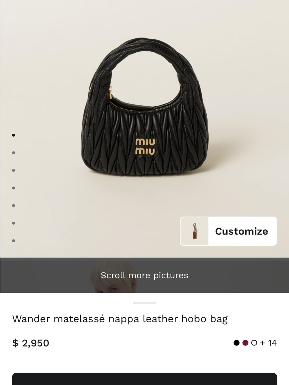 Miu Miu Wander Matelassé Nappa Leather Hobo Bag in Black